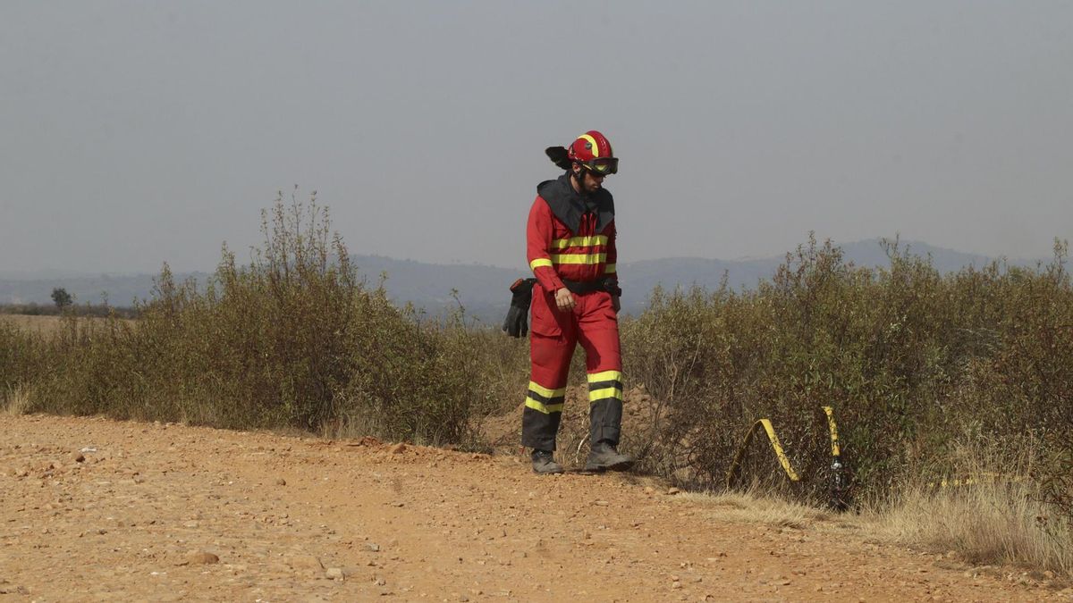 Un efectivo de la Unidad Militar de Emergencias (UME) camina por la zona afectada por el incendio forestal de Abejera