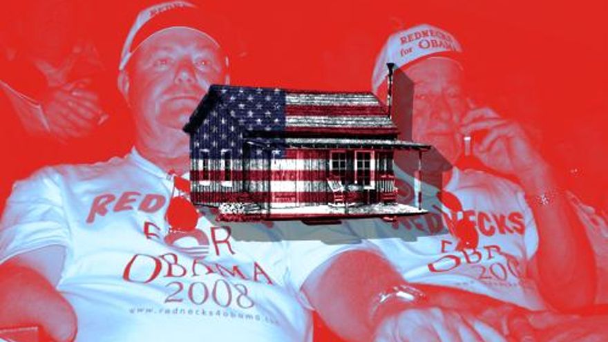 Cabaña de la portada de “Manifiesto Redneck Rojo” y fotografía de fondo de partidarios de Obama autodenominados "rednecks"