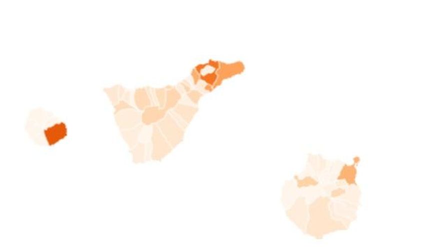 Mapa de incidencia acumulada de coronavirus por municipios en Canarias.