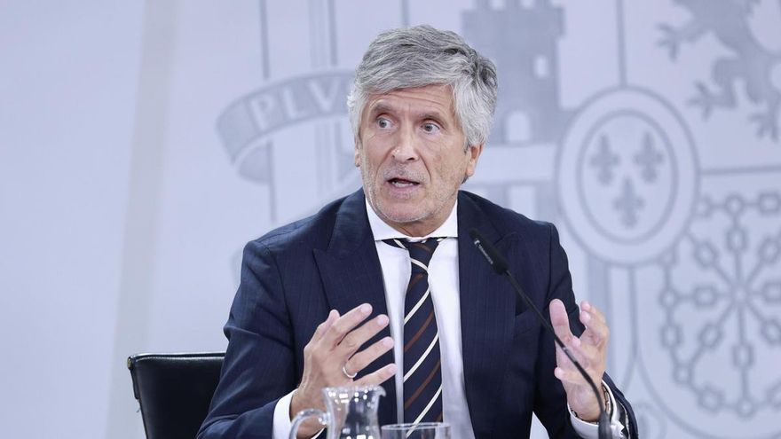 El ministro de Interior, Fernando Grande-Marlaska, durante la rueda de prensa convocada tras la reunión del Consejo de Ministros este martes en el complejo del Palacio de la Moncloa. EFE/ Chema Moya