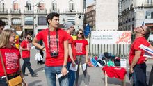 Miembros de DiEM25 en Madrid durante la manifestación internacional del pasado 13 de octubre contra la xenofobia.