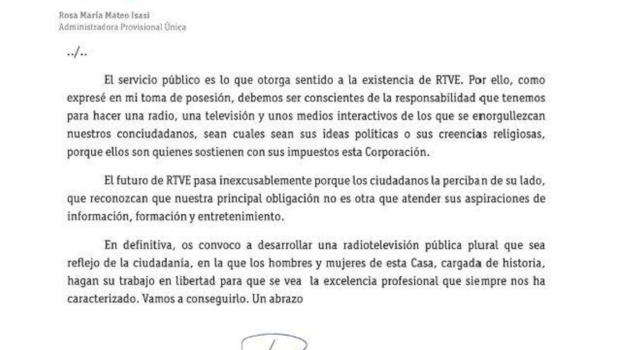 Carta de Rosa María Mateo a los trabajadores de RTVE