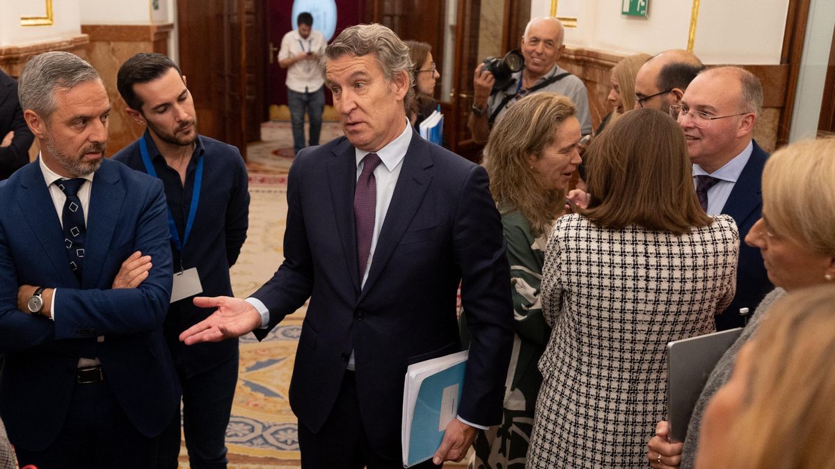 El líder del PP, Alberto Núñez Feijóo, y el dirigente Juan Bravo conversan con periodistas en el Congreso tras la sesión de control el pasado miércoles.
