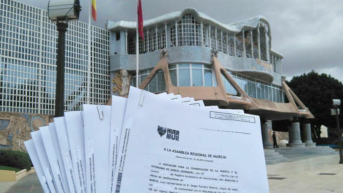 A lo largo de dos décadas, la asociación ha remitido centenares de escritos a las instituciones, como a la Asamblea regional, al fondo de la imagen. Huermur