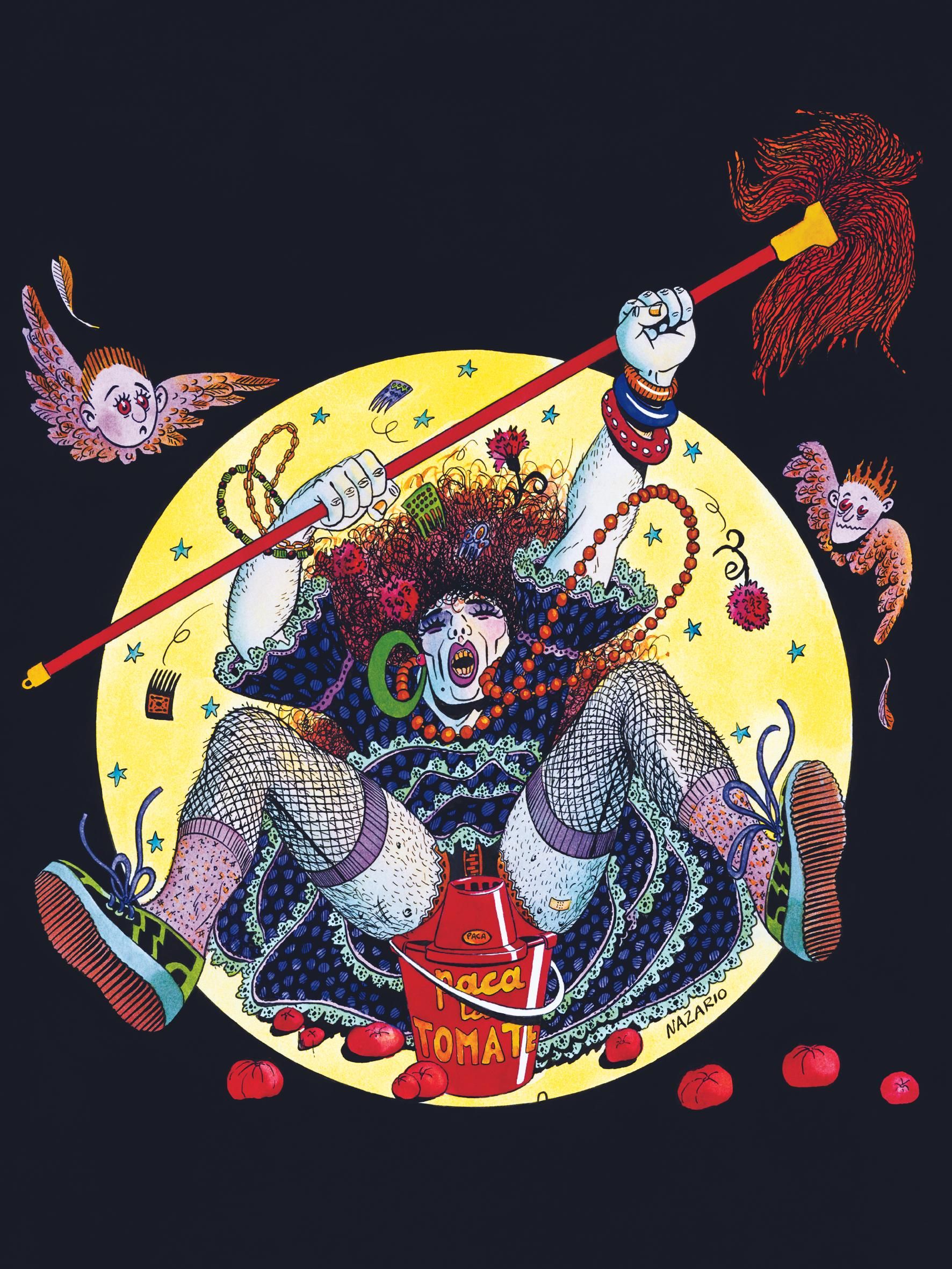 Una ilustración de Paca La Tomate, con su cubo y su fregona, por Nazario