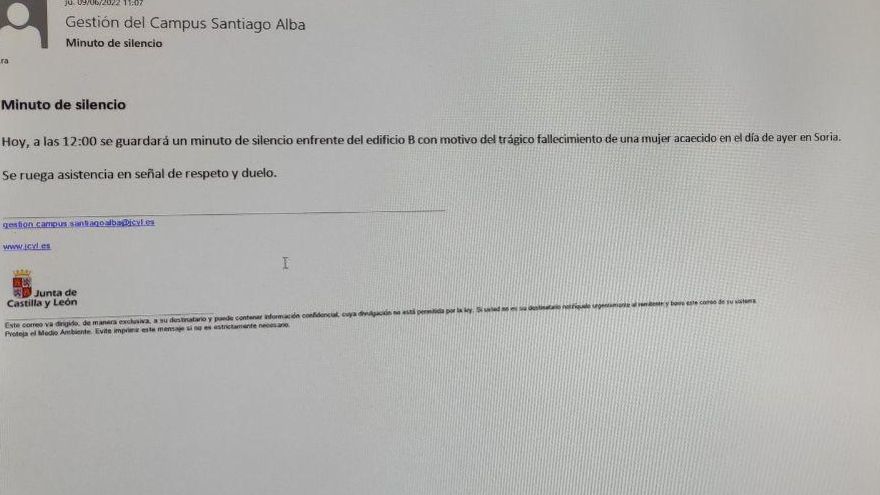 Correo electrónico remitido a los trabajadores de la sede de la Junta de Castilla y León