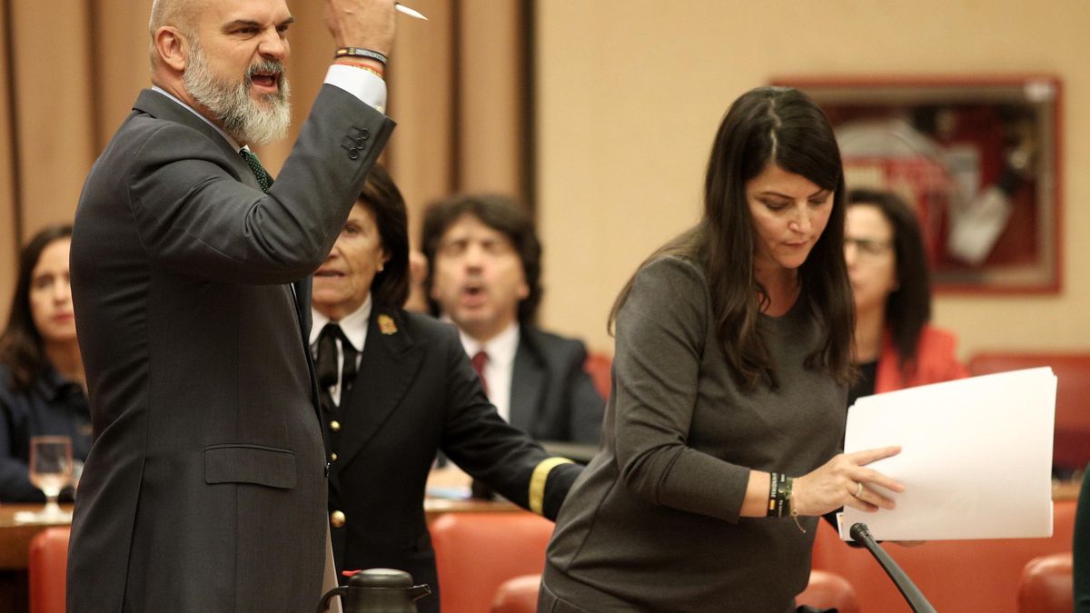 Archivo - El que fuera diputado de Vox en el Congreso Víctor Sánchez del Real junto a la entonces secretaria general del grupo parlamentario, Macarena Olona, protestando antes de salir de la Diputación Permanente.