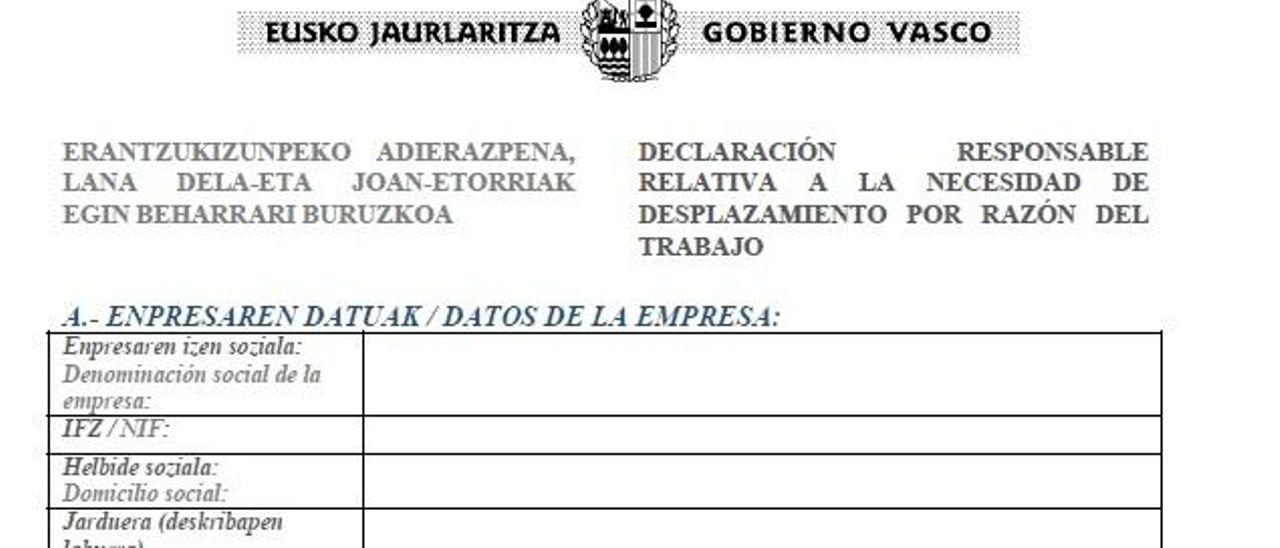 Plantilla de declaración responsable para los desplazamientos por motivos laborales