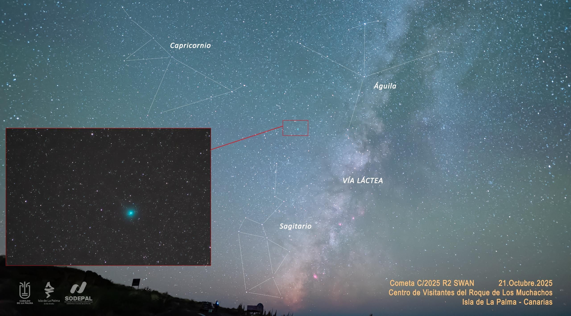 Imagen del cometa Swan realizada el pasado 21 de octubre desde el Roque de Los Muchachos (Villa de Garafía).