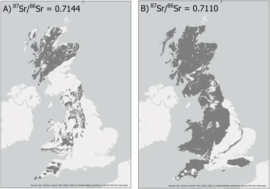 Gráficos de las distribuciones de las proporciones 87 Sr/ 86 Sr en la biosfera británica utilizando el 90 % de los datos de referencia para un valor de a) 0,7144 y b) 0,7110 como indicación de áreas que no pueden excluirse como fuente de alimento para los posibles miembros finales de invierno (sección 1) y verano (sección 9).