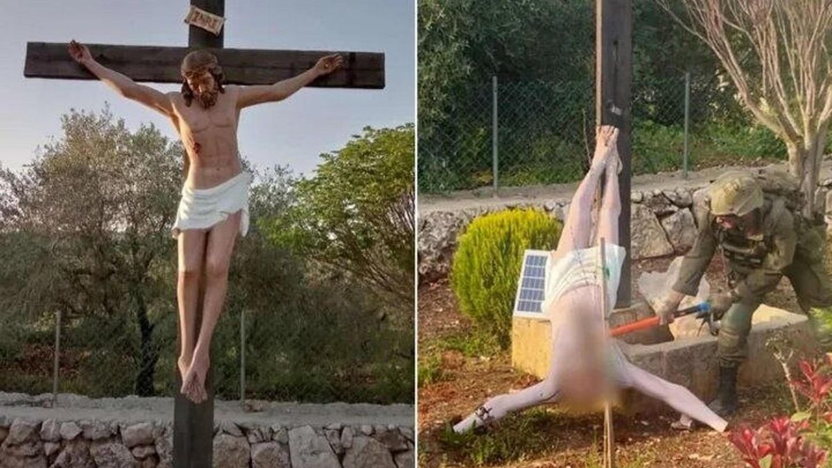 Imagen de un soldado del Ejército de Israel atacando una estatua de Cristo en Líbano.