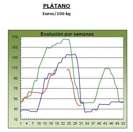 Evolución de los precios medios percibidos por el platanero canario en 2024 (marca azul), 2025 (verde) y 2026 (roja, hasta la semana 31). Fuente: MAPA.
