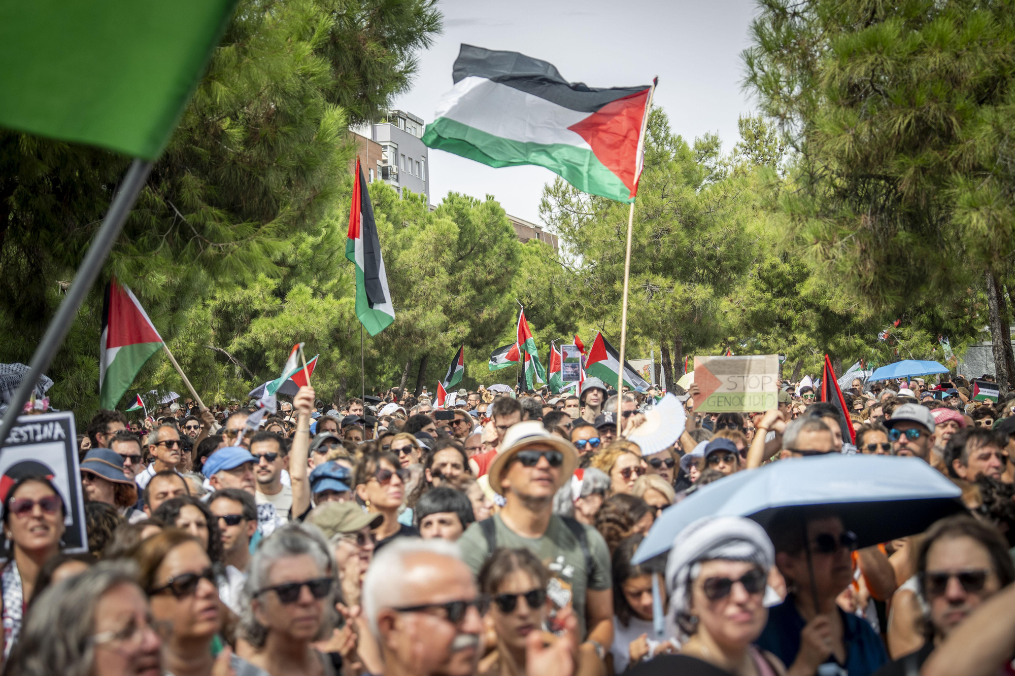 Cientos de personas llenan las orillas de Madrid Río en solidaridad con Gaza y para apoyar a la Global Sumud Flotilla