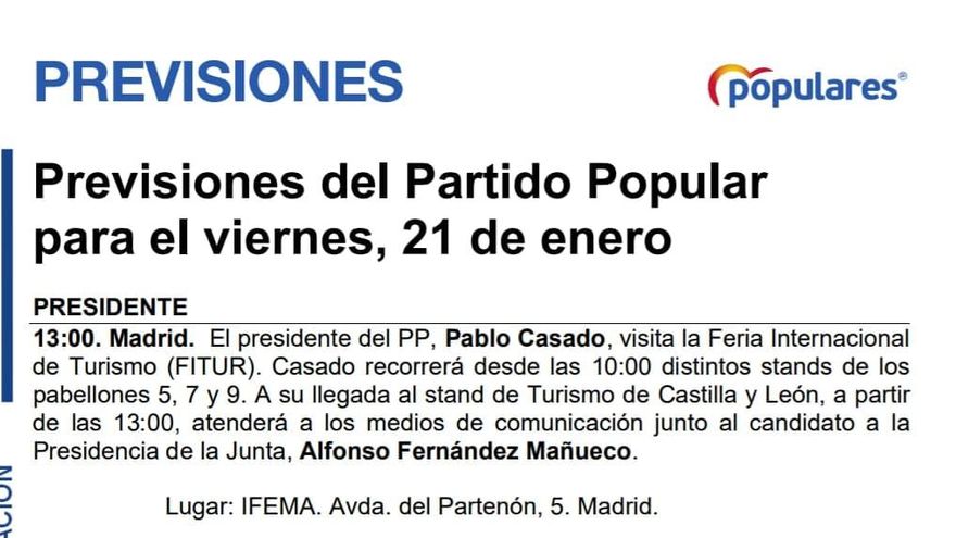 Convocatoria en la que se cita a la prensa en el stand de Castilla y León.