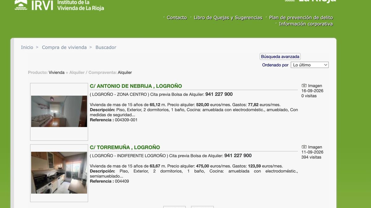 Pisos ofertados en septiembre en el IRVI. En estos dos casos concretos, la suma del alquiler y la comunidad asciende a 597,82 y 598,59 por lo que, para poder acceder, la renta del inquilino tiene que superar los 1.995 euros mensuales
