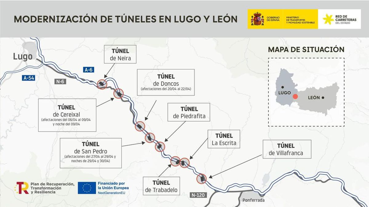 Transportes anuncia nuevos cortes en la A-6 por obras en los túneles del entorno de Piedrafita