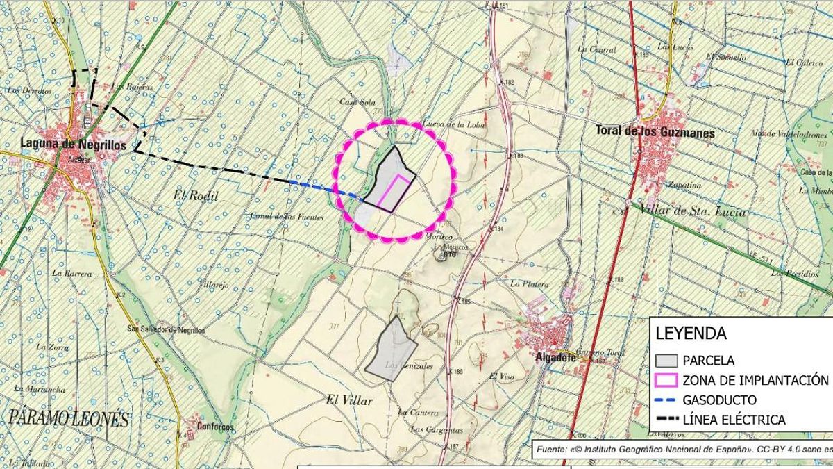 Ubicación prevista para la planta de biogás entre Laguna de Negrillos, Algadefe y Toral de los Guzmanes.