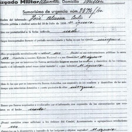 Folio de la causa contra José Almena Ramos en el que no se encuentra ninguna afiliación política