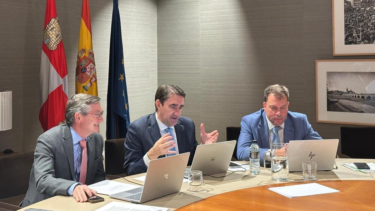 El consejero Quiñones, el director general Arranz y el alcalde de Oseja de Sajambre, online durante el Patronato de Picos.