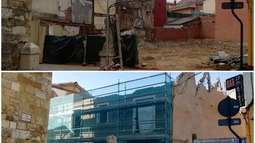 Arriba, estado actual del inmueble propiedad de la iglesia, ya derribado; abajo, durante su desmantelamiento.