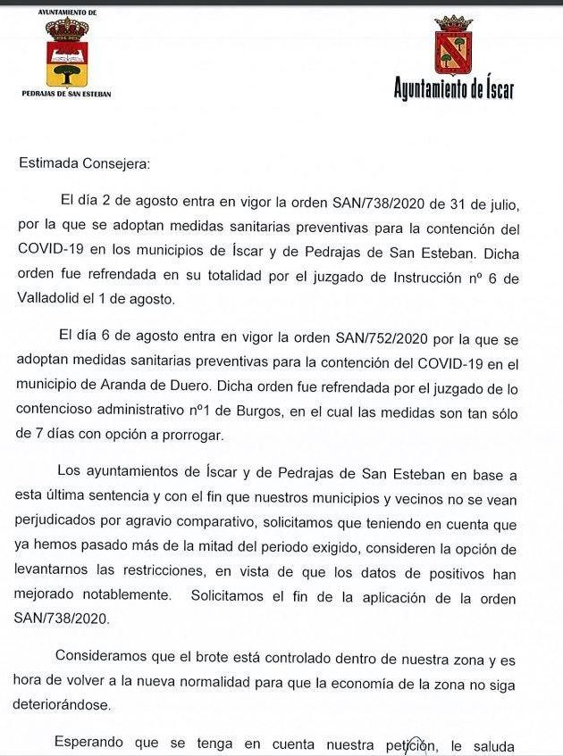Carta de los ayuntamientos de Pedrajas e Íscar a la consejera de Sanidad.