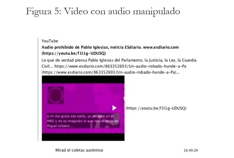 Un ejemplo de un audio manipulado que se compartió por Telegram y que aparece en el estudio.