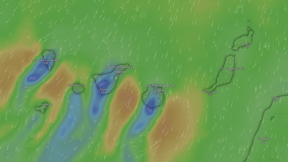 Rachas de viento esperadas este lunes en Canarias. Los colores cálidos indican mayor fuerza del viento.