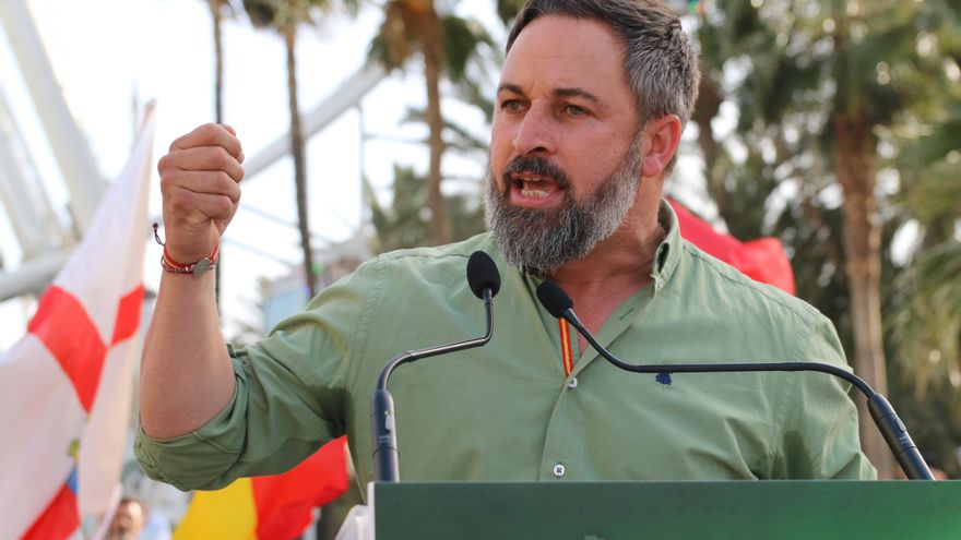El presidente nacional de Vox, Santiago Abascal, en su intervención en el acto de precampaña de la formación en Almería