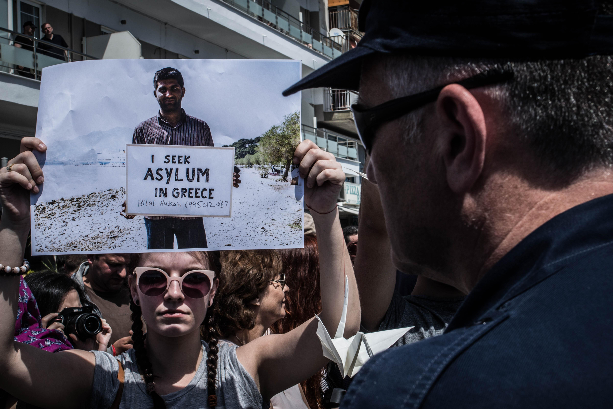 Protesta en el puerto de Mytilini, en la isla de Lesbos