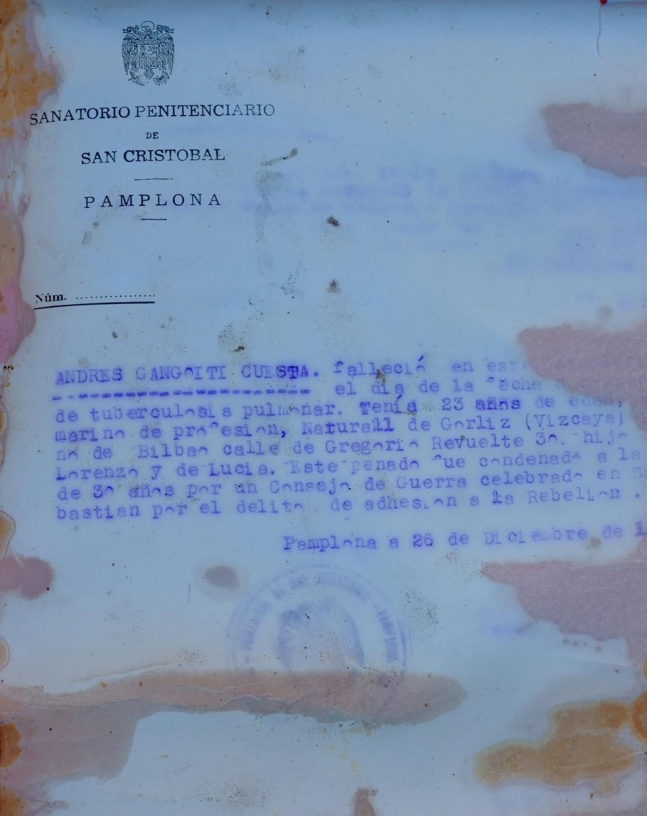 Documento encontrado en el 'Cementerio de las botellas' sobre uno de los presos fusilado