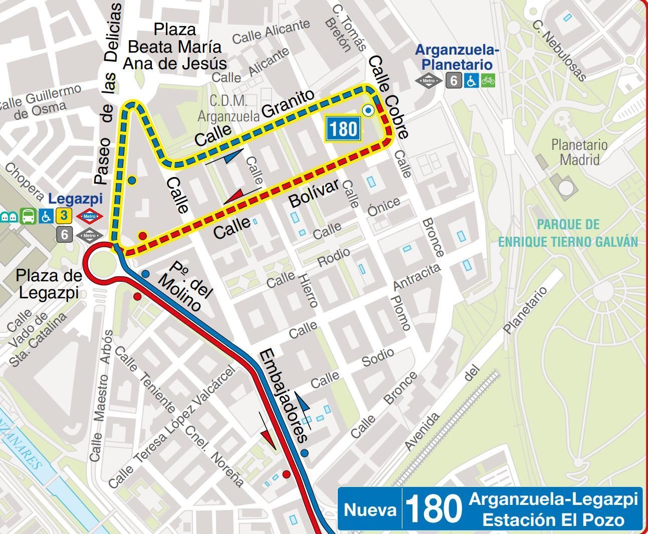 Ampliación de la línea 180 de la EMT (en amarillo) por el cierre de la línea 6 de Metro