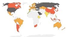 VERDE: en la senda del objetivo de 1,5 ºC. AMARILLO: en la senda del objetivo de 2 ºC. NARANJA: Insuficiente. ROJO: Altamente insuficiente. GRIS: Gravemente insuficiente.