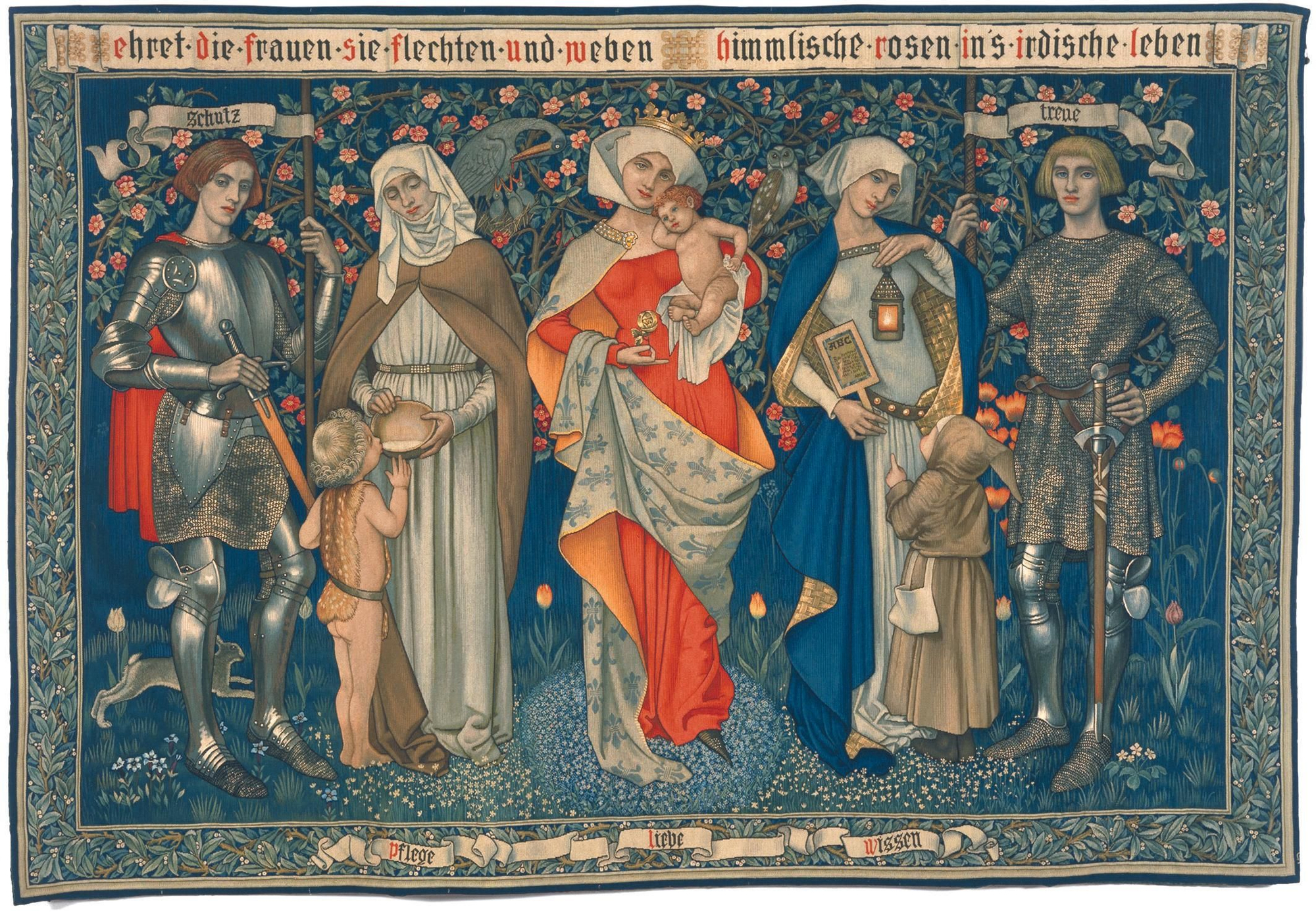 'Ehret die Frauen' (Honrad a las mujeres), 1912, de Marianne Stokes. Tapiz de lana y seda sobre algodón realizado por Morris & Co.