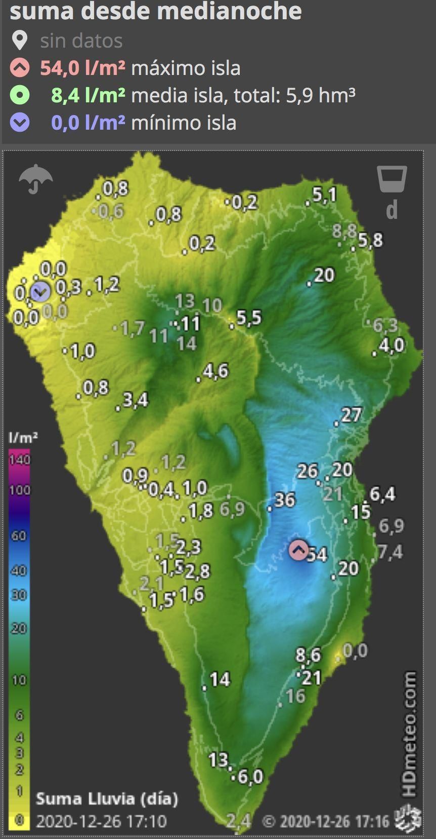 Mapa de HD Meteo La Palma de la lluvia caída, hasta las 17.10 horas de este sábado, 26 de diciembre, en La Palma.