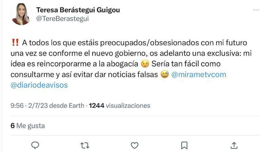 Posicionamiento de Teresa Berástegui en Twitter el pasado 2 de julio, a raíz de informaciones que la situaban en el Partido Popular.