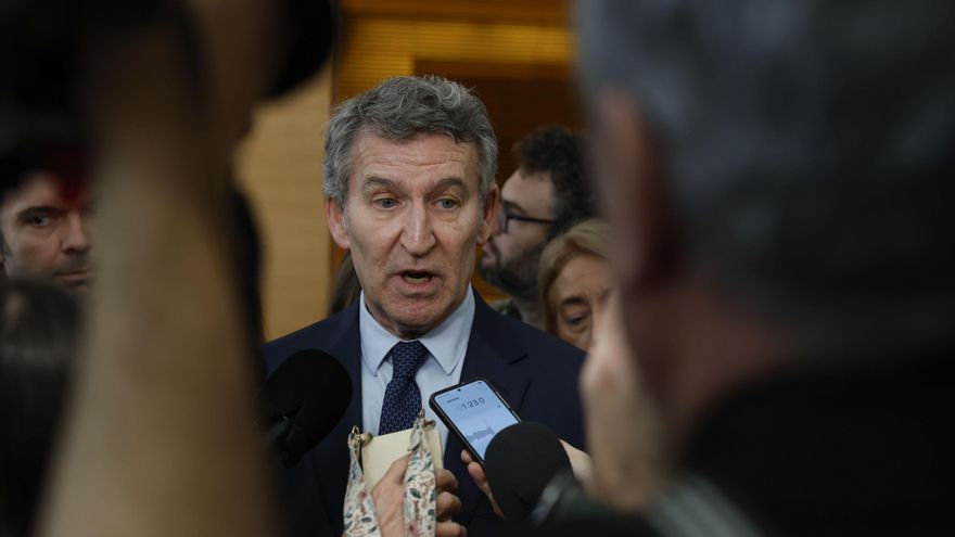 02/02/2026.- El líder del PP, Alberto Núñez Feijóo (c) atiende a los medios tras su comparecencia ante la comisión del Congreso que investiga la gestión de la dana de 2024, que dejó 230 muertos en la provincia de Valencia. EFE/JJ Guillén