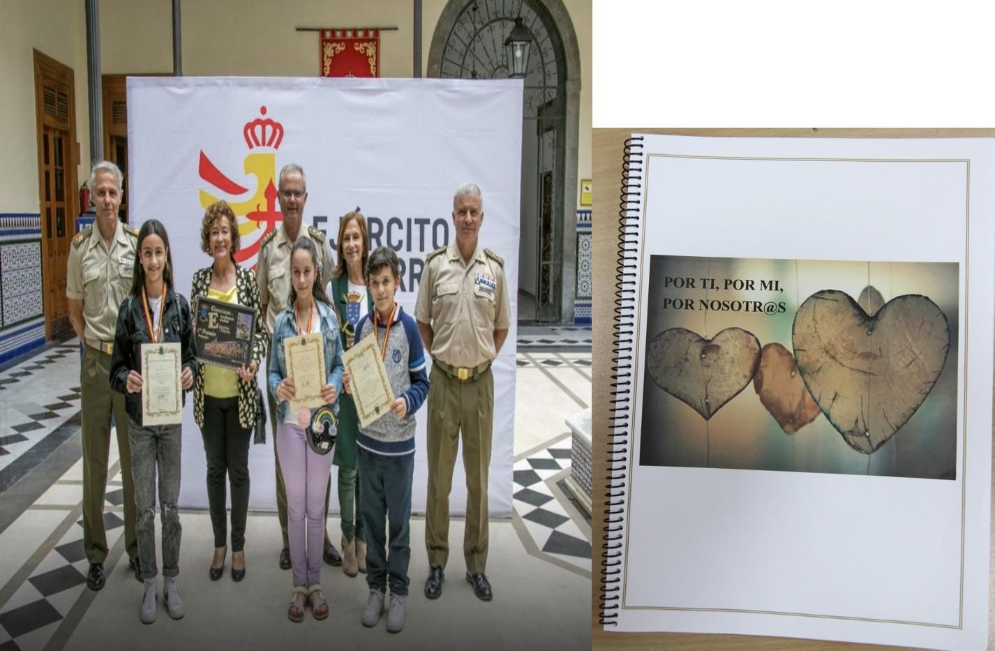 Alumnado y profesora, junto  con mandos militares, con el trabajo galardonado.