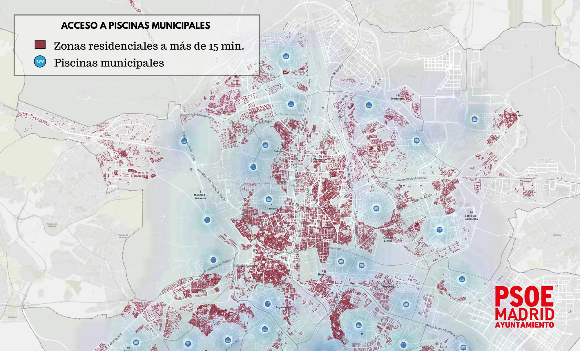 Piscinas municipales y regionales en Madrid y zonas de la ciudad sin acceso a ellas a menos de 15 minutos