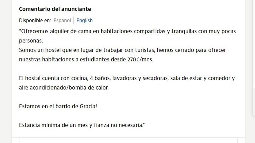 Anuncio en un portal inmobiliario de habitaciones compartidas en un albergue.
