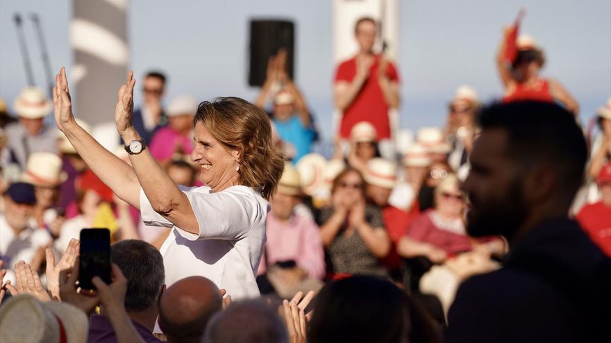 La cabeza de lista del PSOE al Parlamento Europeo y vicepresidenta tercera del Gobierno, Teresa Ribera, interviene en un acto de campaña por el 9J. A 05 de junio de 2024, en Benalmádena, Málaga (Andalucía, España).