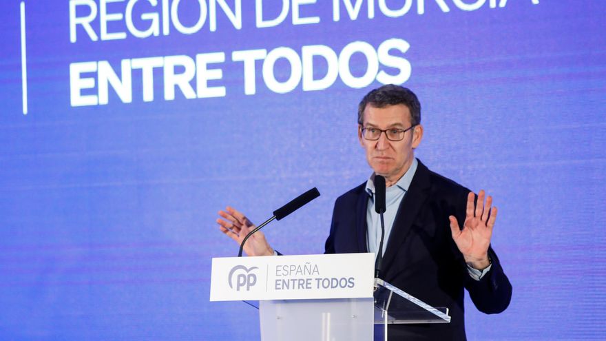 El presidente del Partido Popular (PP), Alberto Núñez Feijóo, interviene en el acto de presentación del alcaldable de Alcantarilla, a 3 de febrero de 2023, en Alcantarilla, Murcia.