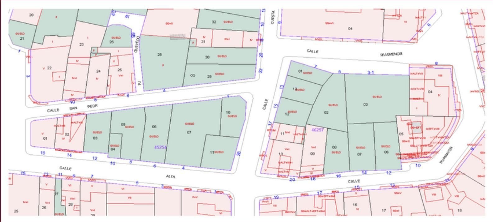 Plano de algunos solares abandonados en el centro de Santander.
