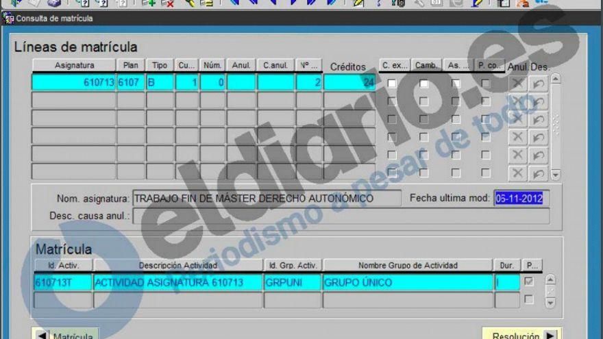 Pantallazo que muestra que en noviembre de 2012 Cifuentes hizo el trámite para presentarse de nuevo.