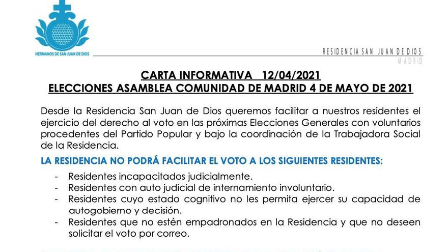 El PP ofrece voluntarios a una residencia privada de Madrid para llevar a los ancianos a votar el 4M