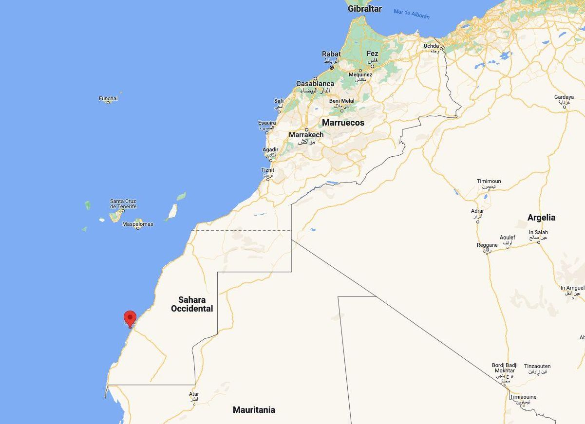 La ciudad de Dakhla, en el Sáhara Occidental, señalada en el mapa.