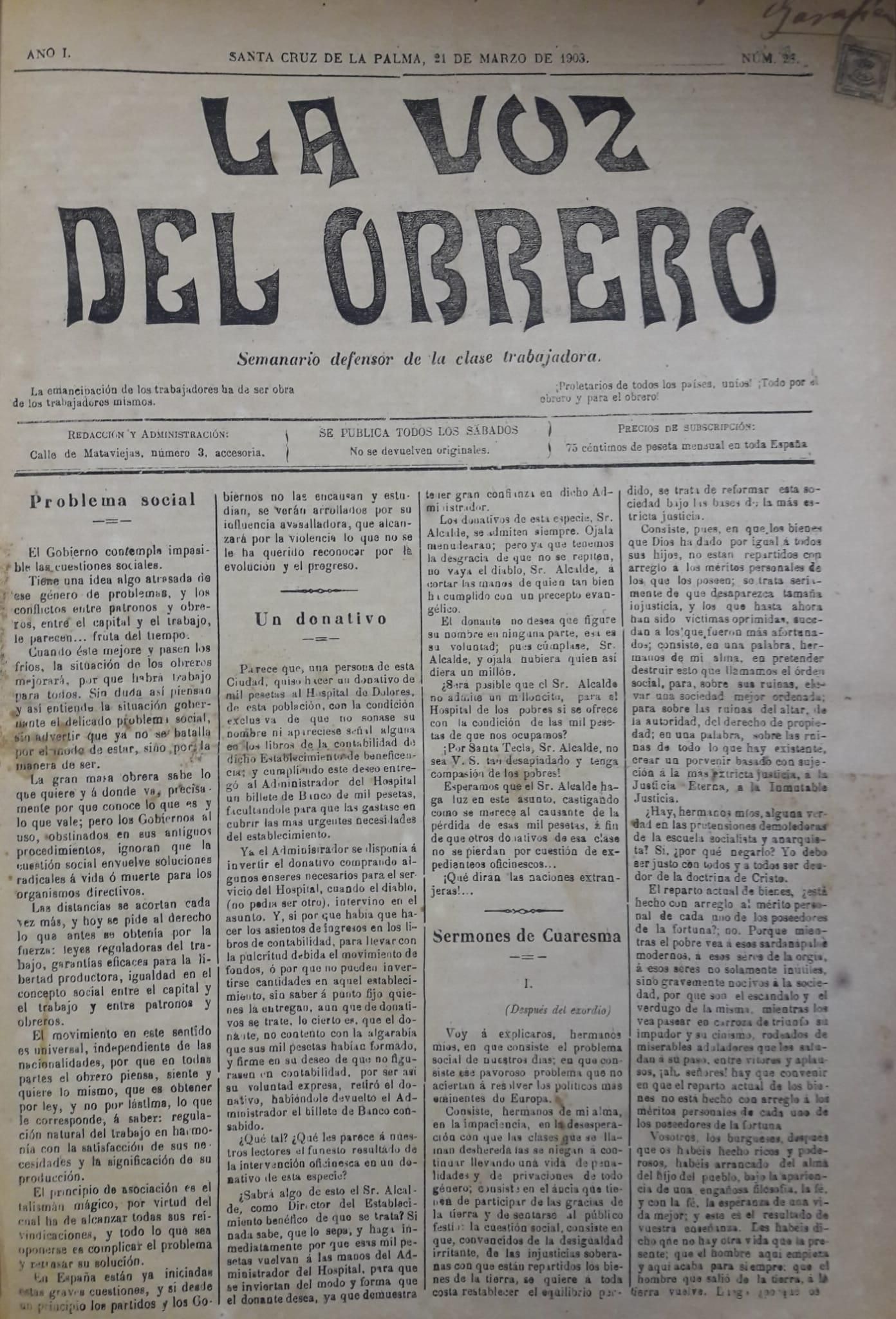 Periódico 'La Voz del Obrero'.