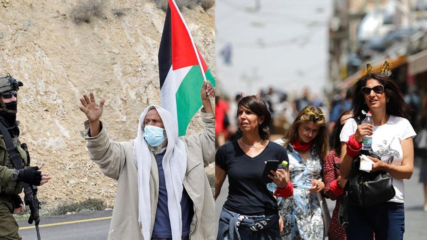 Un manifestante sujeta la bandera palestina en una protesta frente a las fuerzas israelíes en Masafer Yatta, cerca de Hebrón, y una calle en Israel, donde ya no es obligatoria la mascarilla en el exterior