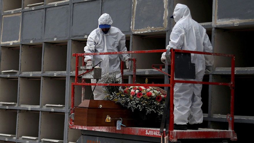 Personal sanitario realiza el entierro de una víctima de coronavirus, en el cementerio Sao Franscisco Xavier en Río de Janeiro (Brasil). EFE/Fabio Motta
