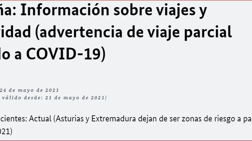 Aviso oficial en español, en la web del ministerio de asuntos exteriores alemán