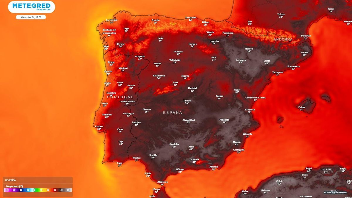 Previsión de temperaturas para este miércoles 31 de julio a las 18.00 horas.